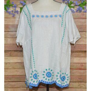 Talbots Womens Plus 3X Embroidered Blouse Top Square Neck Linen Cotton Peasant